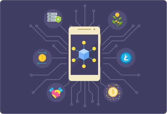 Blockchain network centered on smartphone connected to various icons